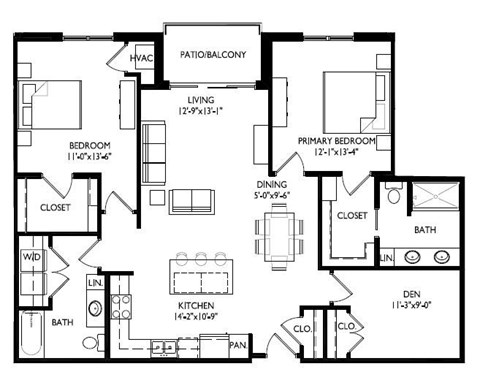 Floor plan for 2 beds, 2 baths, 1403 sqft